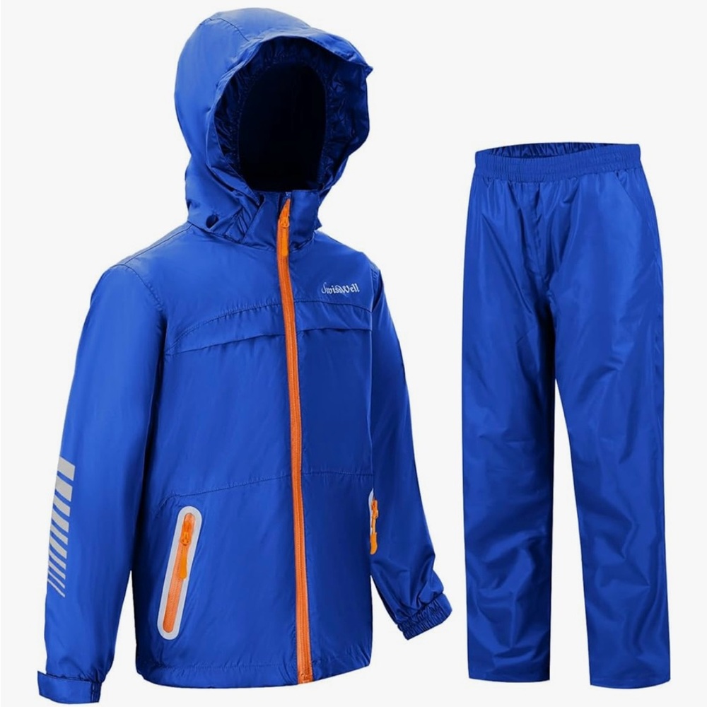 Swisswell Blue Hooded Rain Jacket and Pants Set with Orange Accents